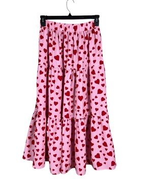 Women Pink Heart Maxi Tiered Skirt Size Large Coquette Fairy Whimsical Soft Girl